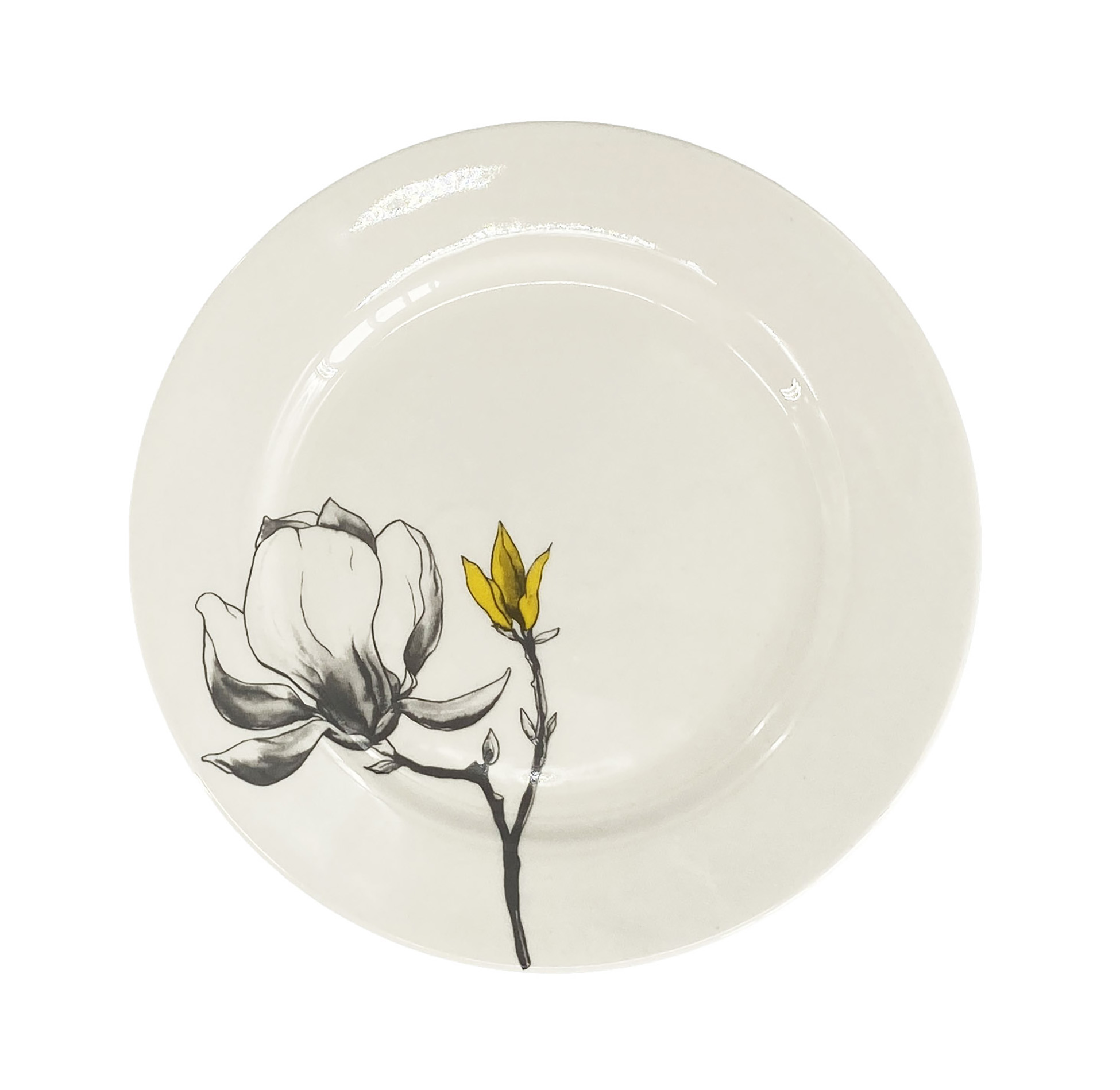7308-0B-28 FINE TWIG Kulatý talíř na dezerty průměr 19 cm od by inspire se žlutou magnolií